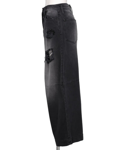 CROPPED DISTRESSED WIDE LEG PUDDLE JEANS W/ EMB