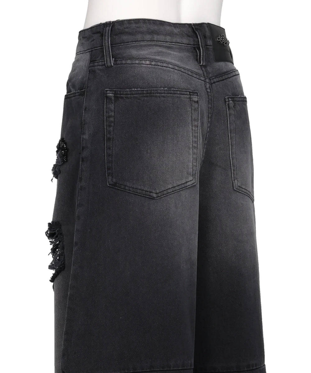 CROPPED DISTRESSED WIDE LEG PUDDLE JEANS W/ EMB