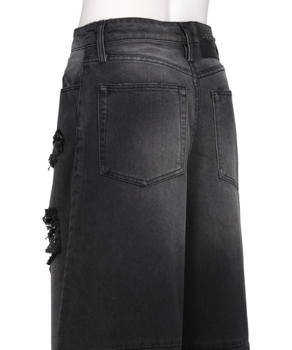 CROPPED DISTRESSED WIDE LEG PUDDLE JEANS W/ EMB