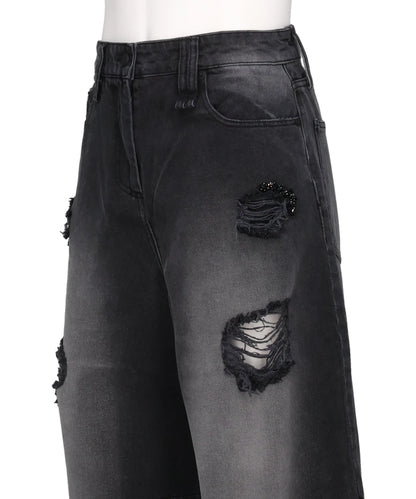 CROPPED DISTRESSED WIDE LEG PUDDLE JEANS W/ EMB