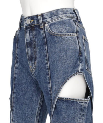 WASHED DENIM HOLLOWED OUT PANTS