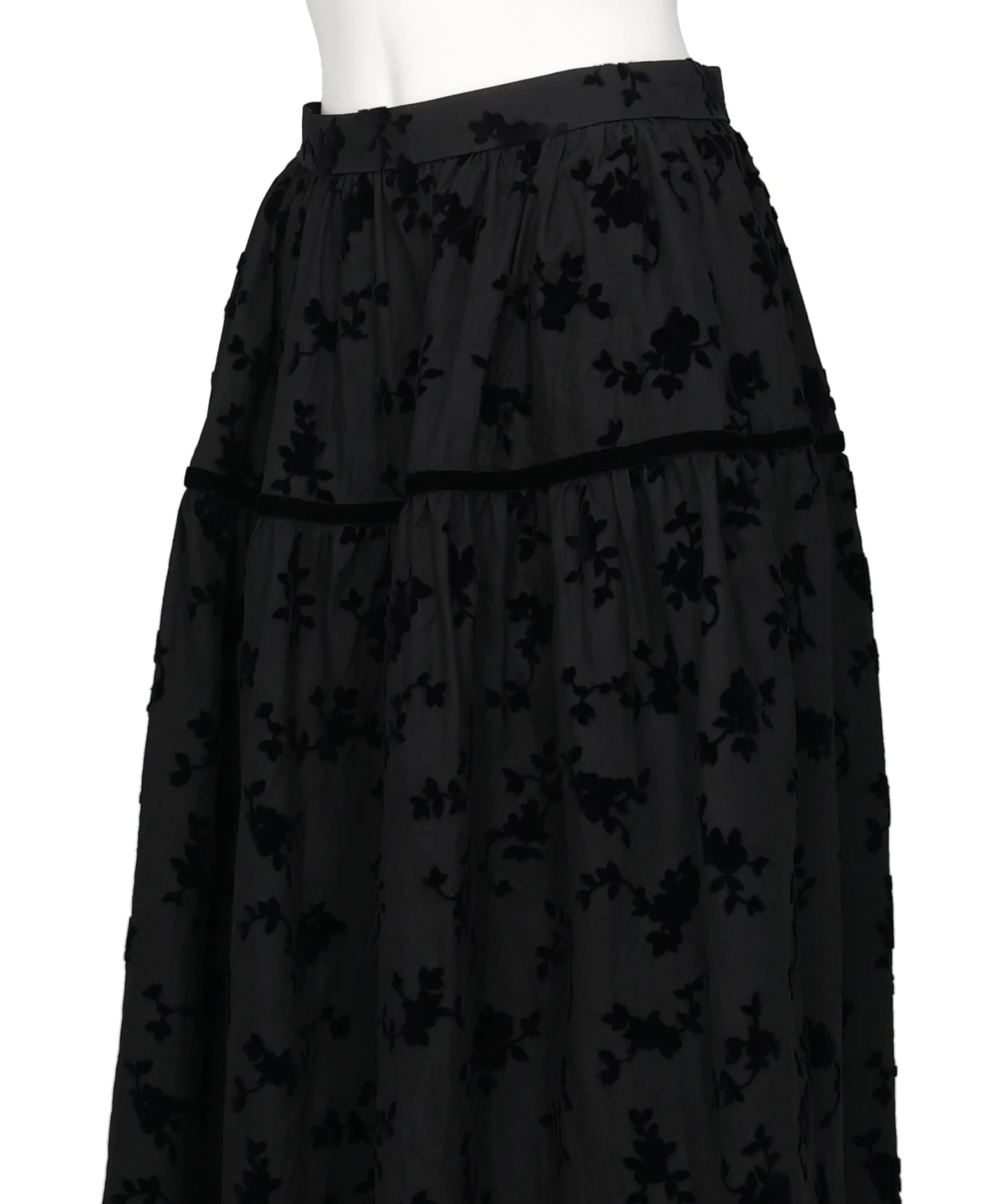 FLOCKED ROSE PRINT BARREL SKIRT