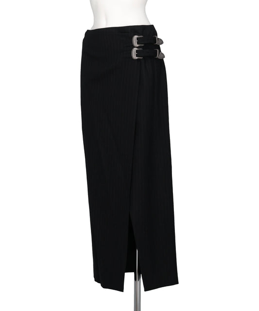 METAL BUCKLE STRIPE WOOL WRAP SKIRT