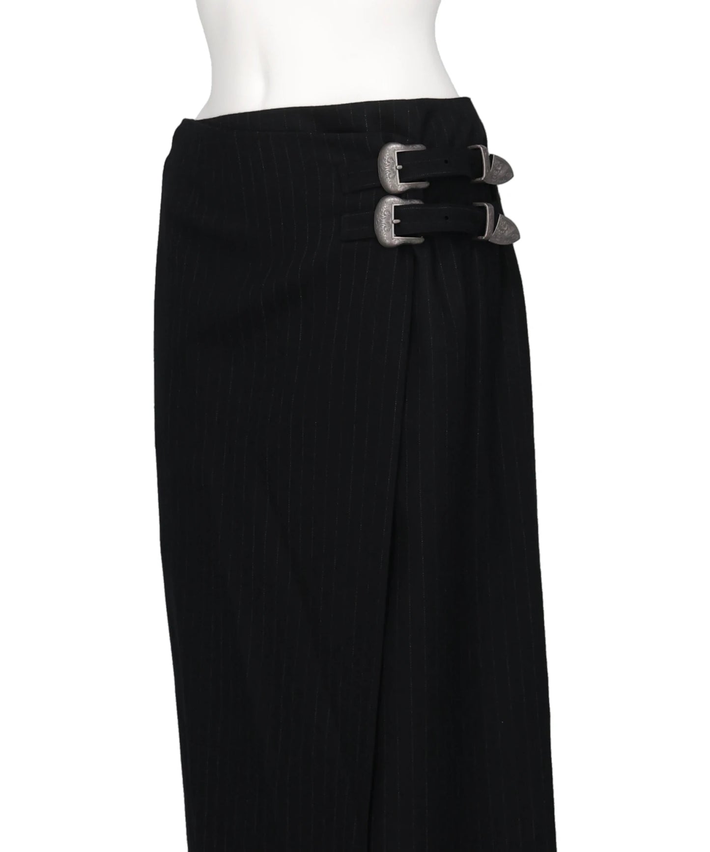 METAL BUCKLE STRIPE WOOL WRAP SKIRT