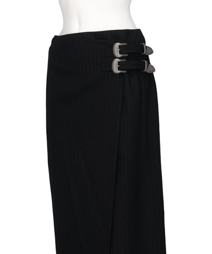 METAL BUCKLE STRIPE WOOL WRAP SKIRT