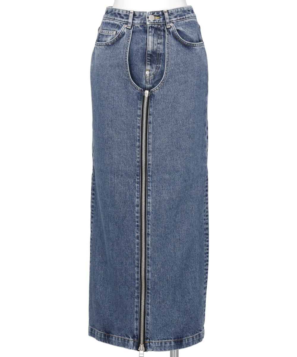 WASHED DENIM ZIPPED LONG SKIRT