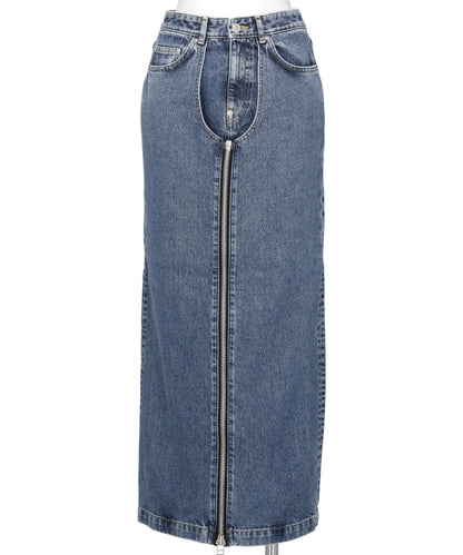 WASHED DENIM ZIPPED LONG SKIRT
