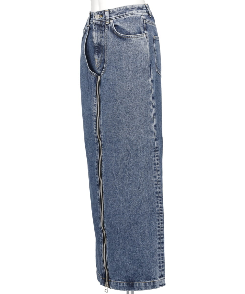 WASHED DENIM ZIPPED LONG SKIRT