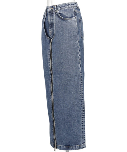 WASHED DENIM ZIPPED LONG SKIRT