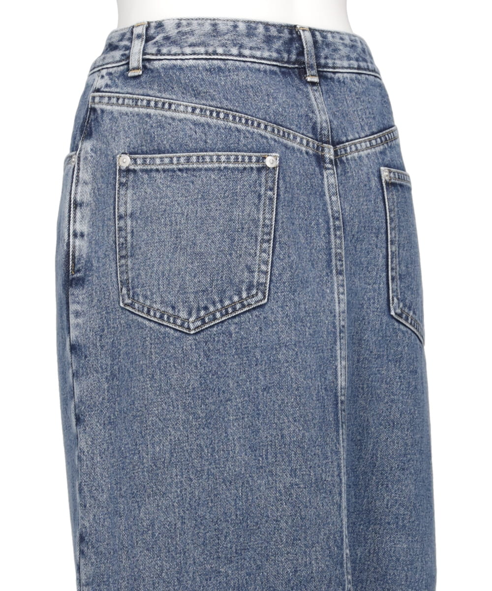 WASHED DENIM ZIPPED LONG SKIRT