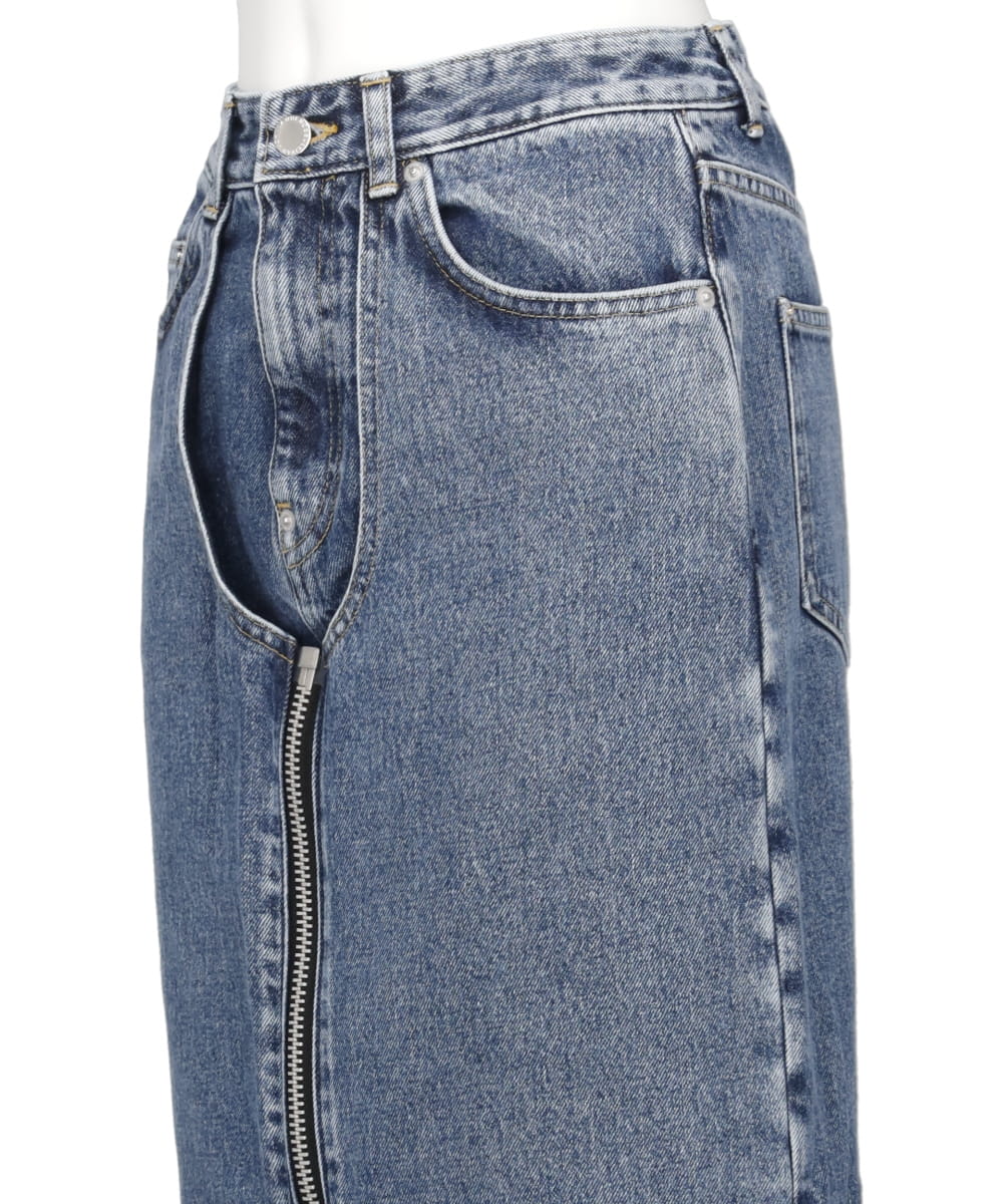 WASHED DENIM ZIPPED LONG SKIRT