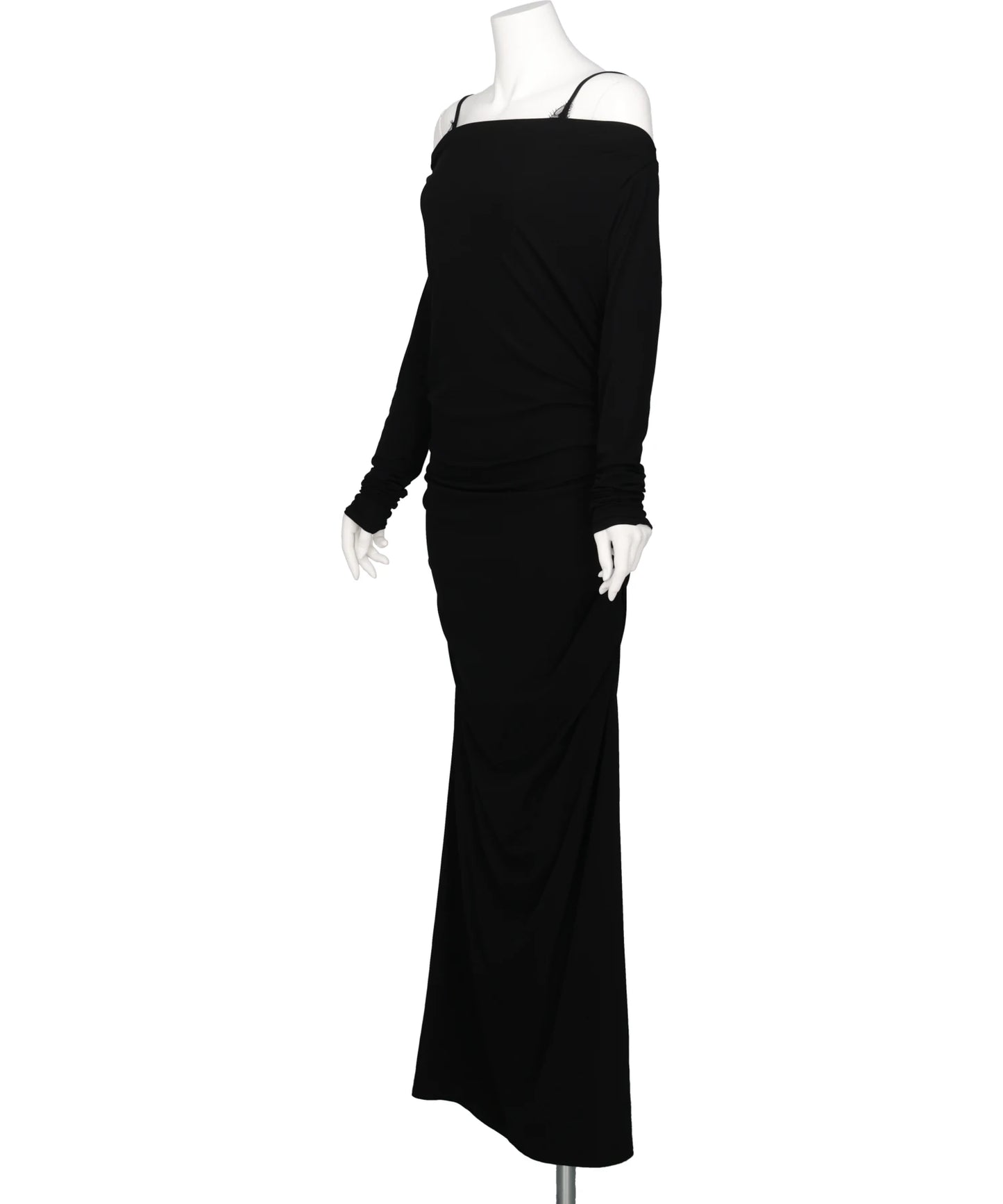 LACE LAYERED DRAPE JERSEY DRESS