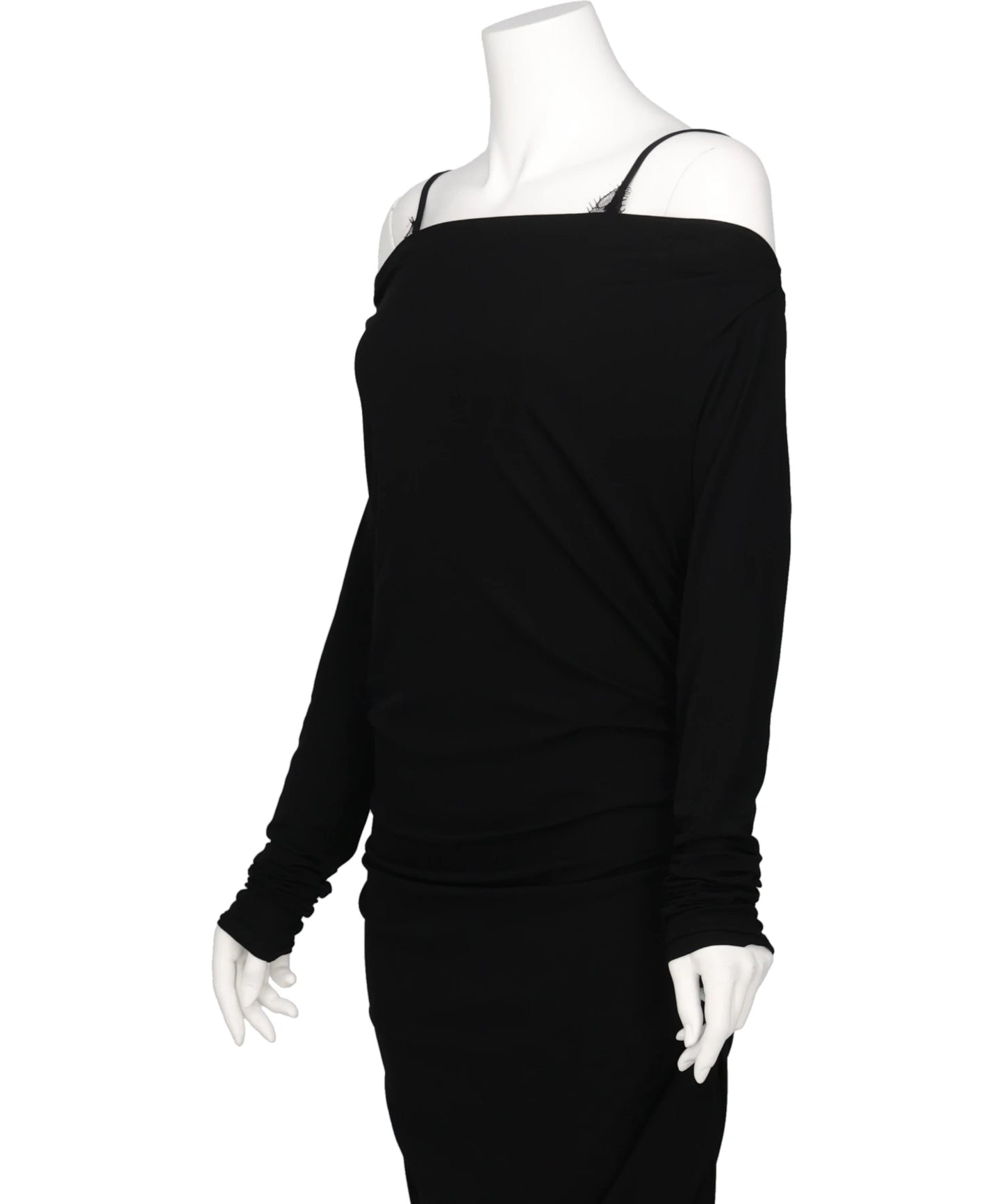 LACE LAYERED DRAPE JERSEY DRESS