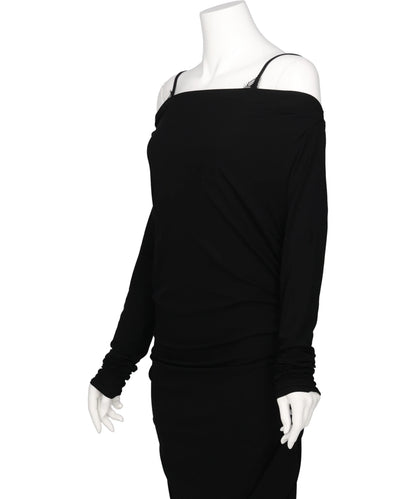 LACE LAYERED DRAPE JERSEY DRESS