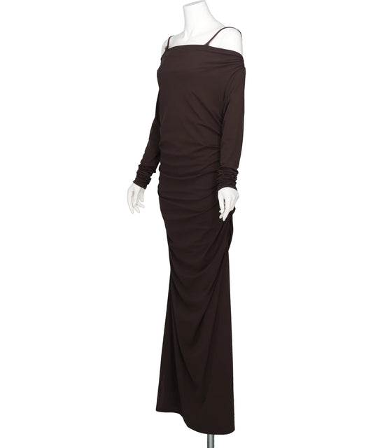LACE LAYERED DRAPE JERSEY DRESS