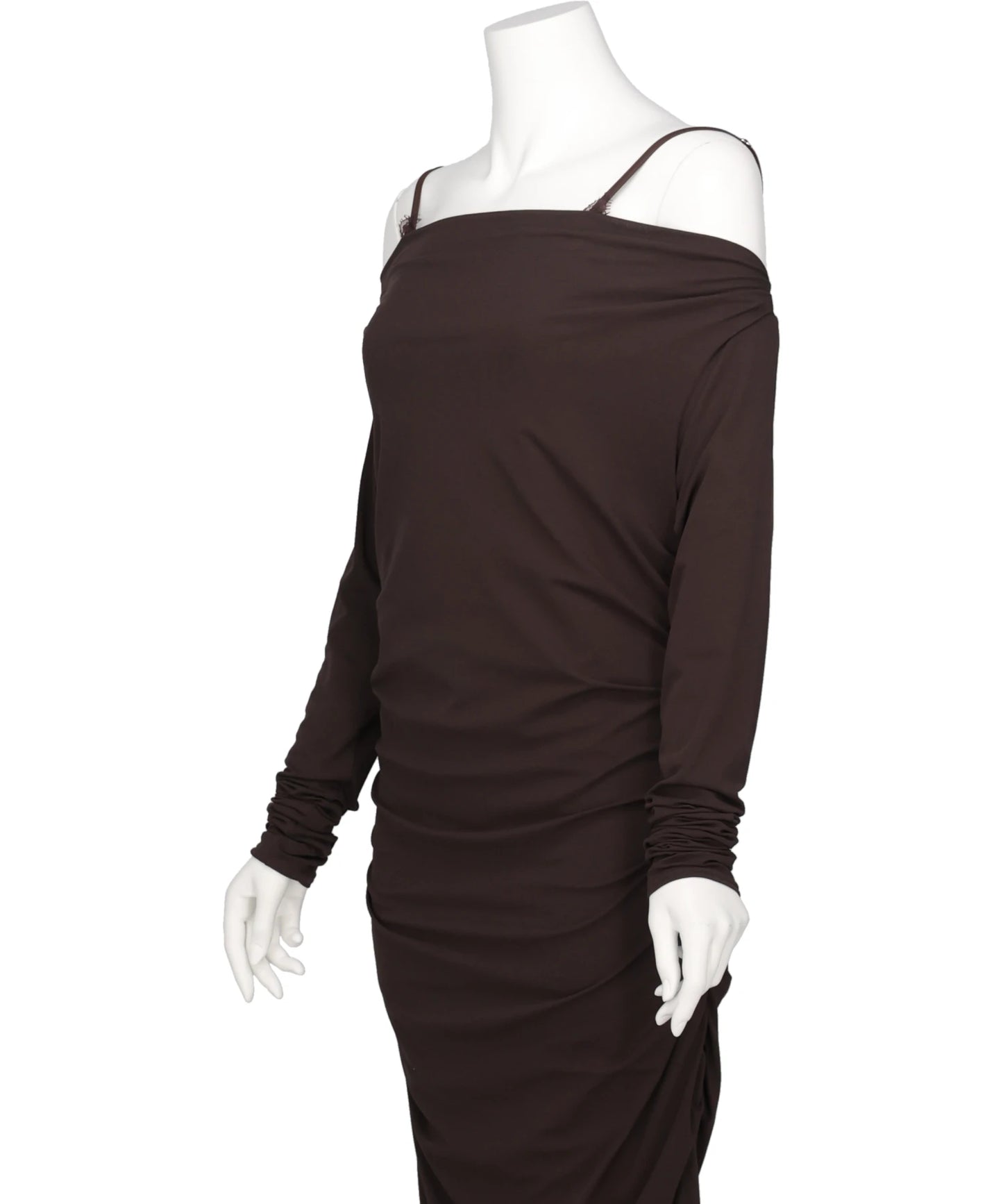 LACE LAYERED DRAPE JERSEY DRESS