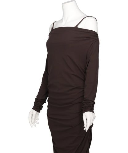 LACE LAYERED DRAPE JERSEY DRESS