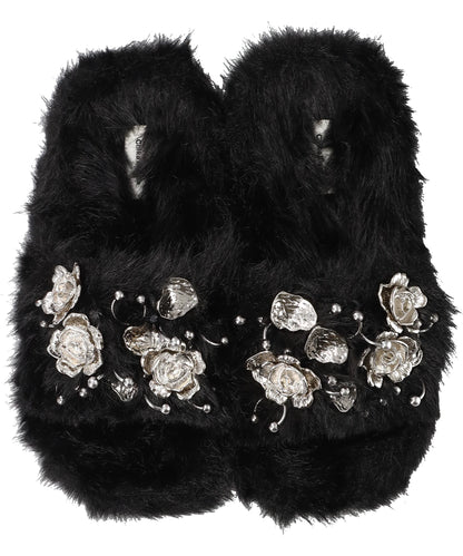 METAL FLOWER+PIERCED FUR SANDAL