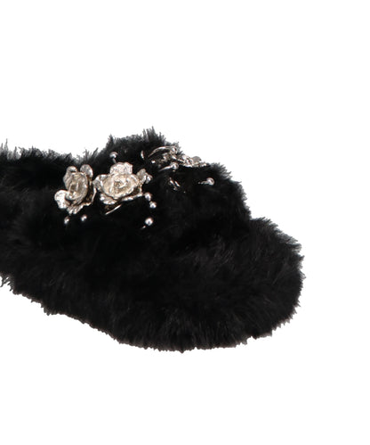 METAL FLOWER+PIERCED FUR SANDAL
