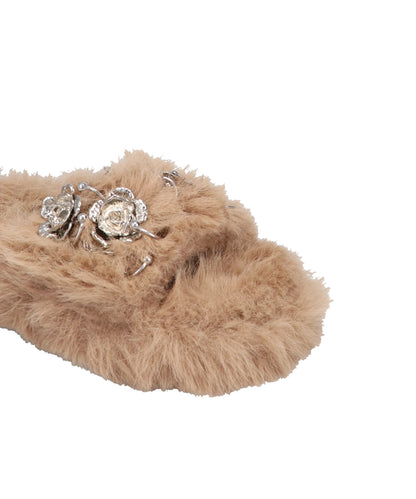 METAL FLOWER+PIERCED FUR SANDAL