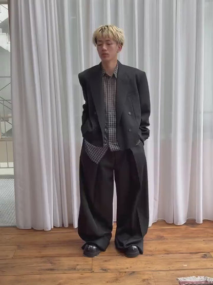 WOOL GABARDINE TUCKED WIDE TROUSERS