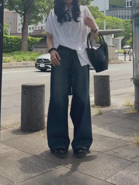 WASHED DENIM CUT OUT WIDE PANTS