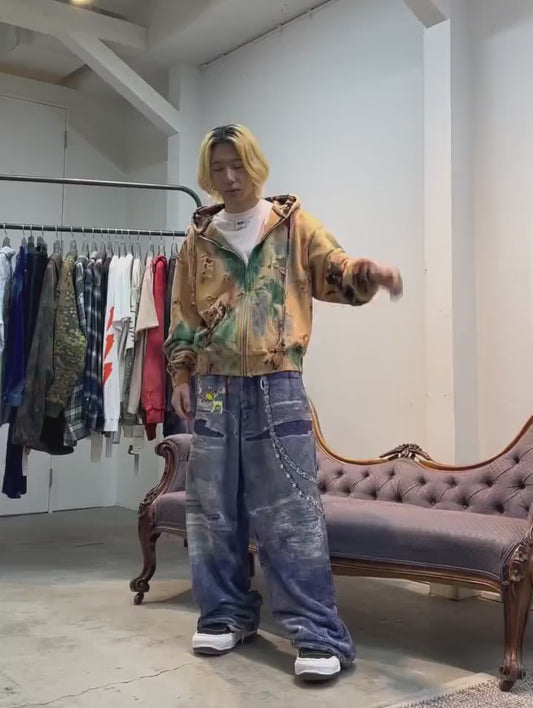FLEECE DENIM PRINT WIDE PANTS