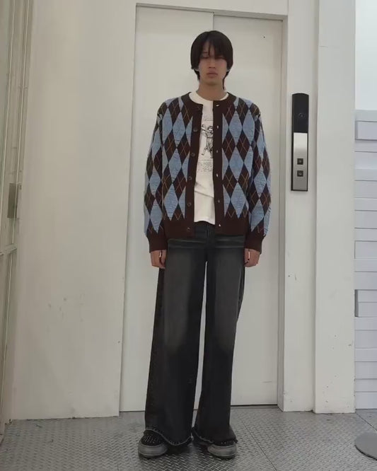 FELTED YARN ARGYLE CREW CARDIGAN