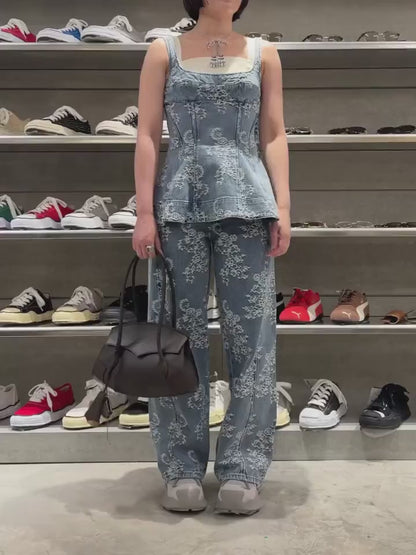 LACE-JACQUARD DENIM PEPLUM BUSTIER