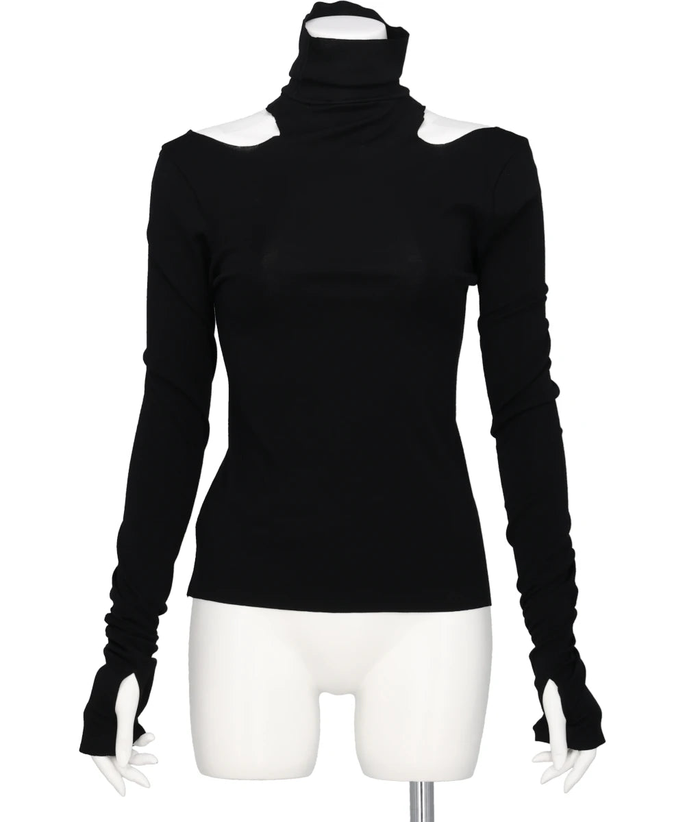 WOOL RIB HOLLOWED OUT TURTLE NECK TOP