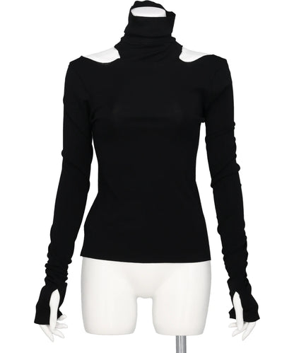 WOOL RIB HOLLOWED OUT TURTLE NECK TOP