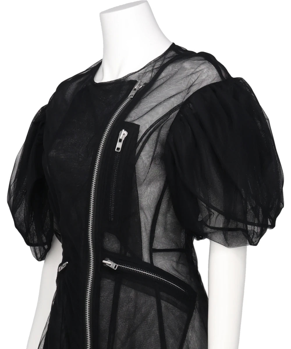 SHEER PETAL SLEEVE SCULPTED BIKER DRESS