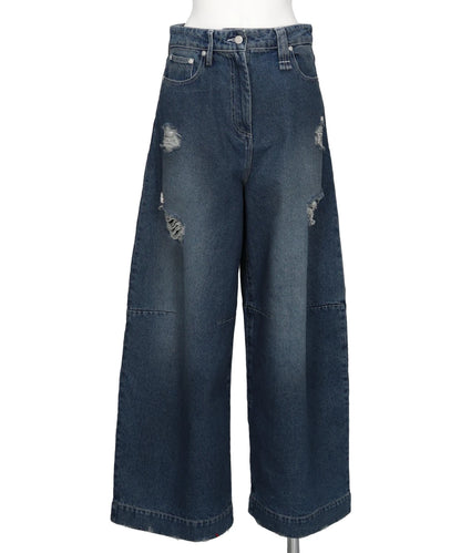 CROPPED DISTRESSED WIDE LEG PUDDLE JEANS W/ EMB