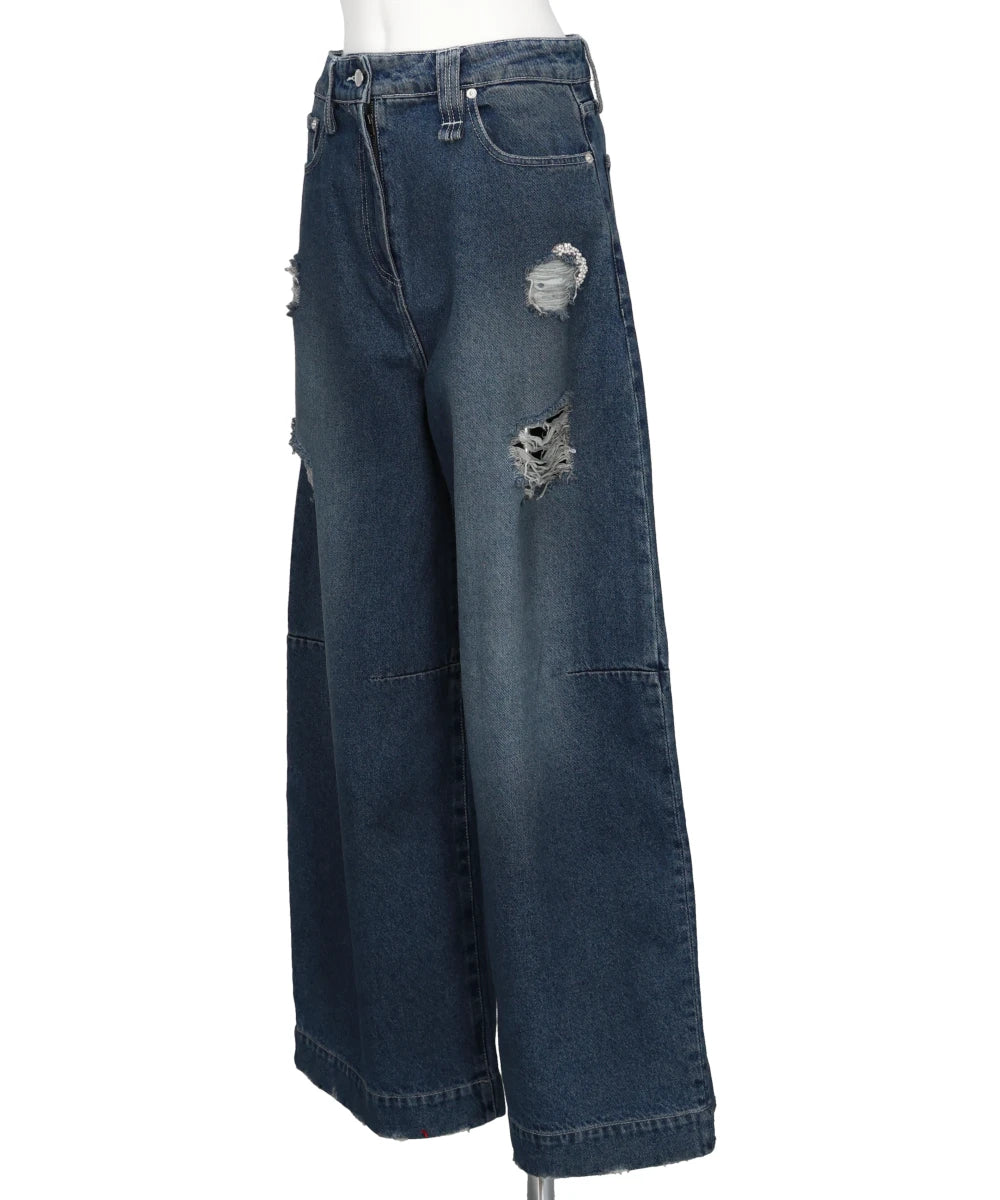 CROPPED DISTRESSED WIDE LEG PUDDLE JEANS W/ EMB