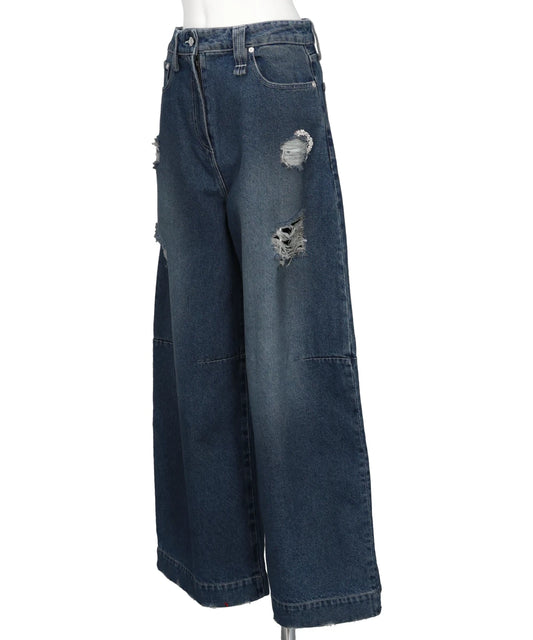 CROPPED DISTRESSED WIDE LEG PUDDLE JEANS W/ EMB