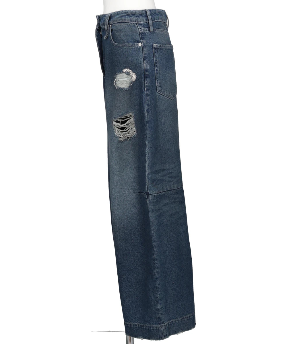 CROPPED DISTRESSED WIDE LEG PUDDLE JEANS W/ EMB