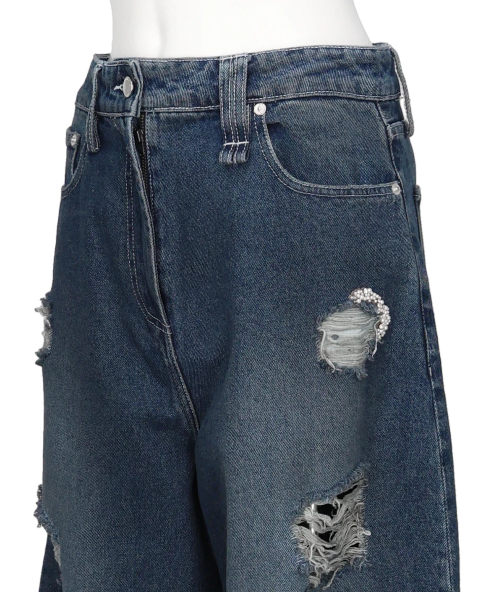 CROPPED DISTRESSED WIDE LEG PUDDLE JEANS W/ EMB