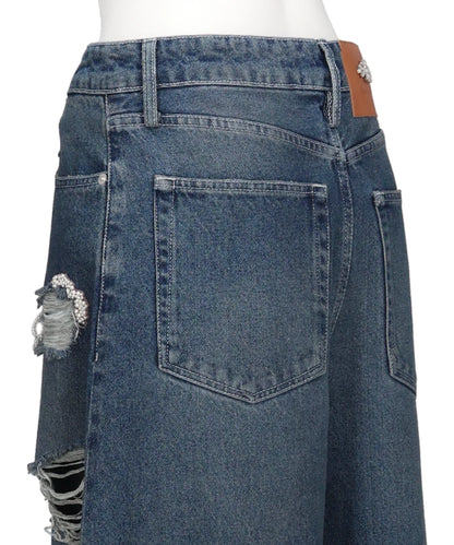 CROPPED DISTRESSED WIDE LEG PUDDLE JEANS W/ EMB
