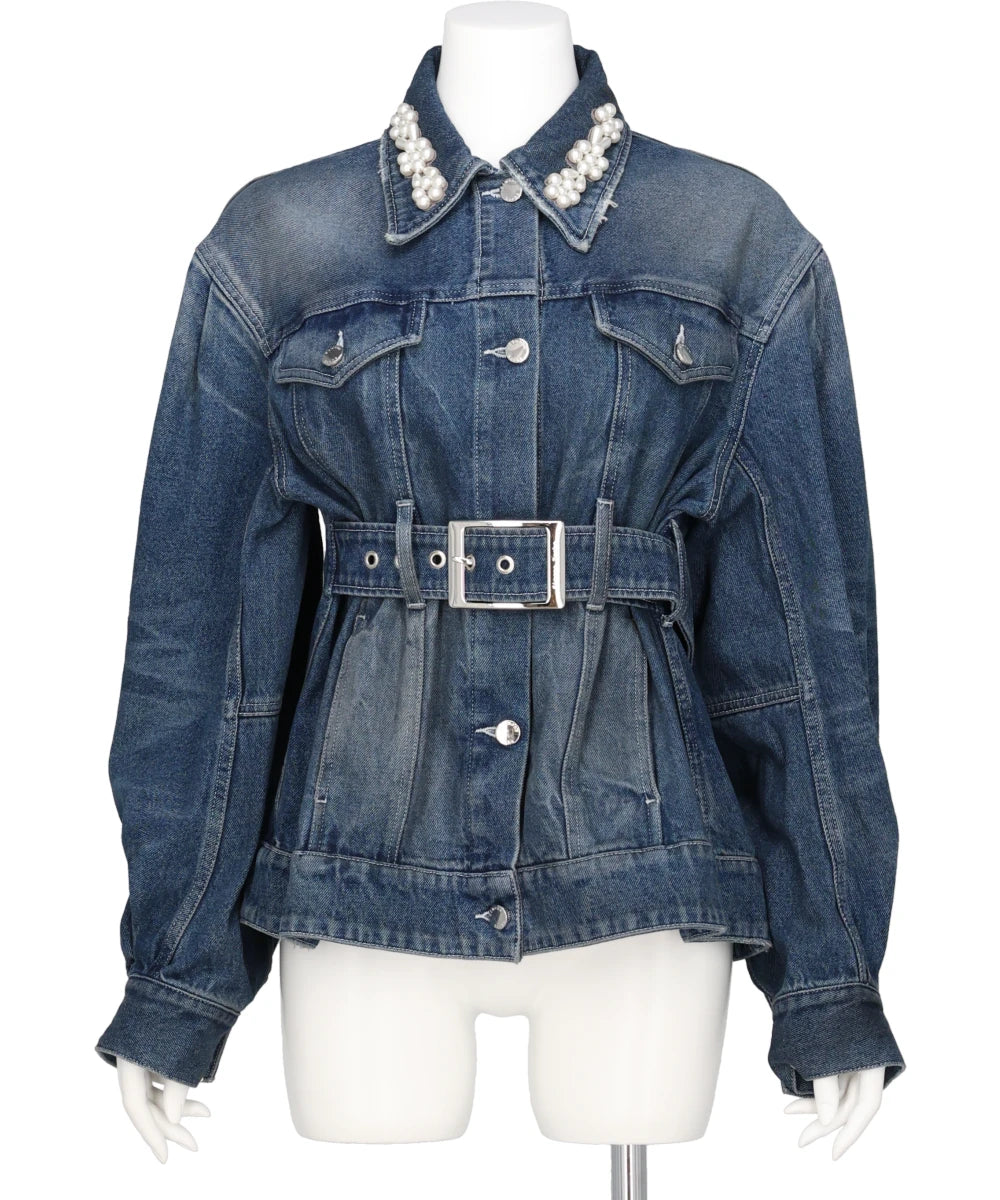 SCULPTED BELT DETAIL DENIM JACKET W/ EMB