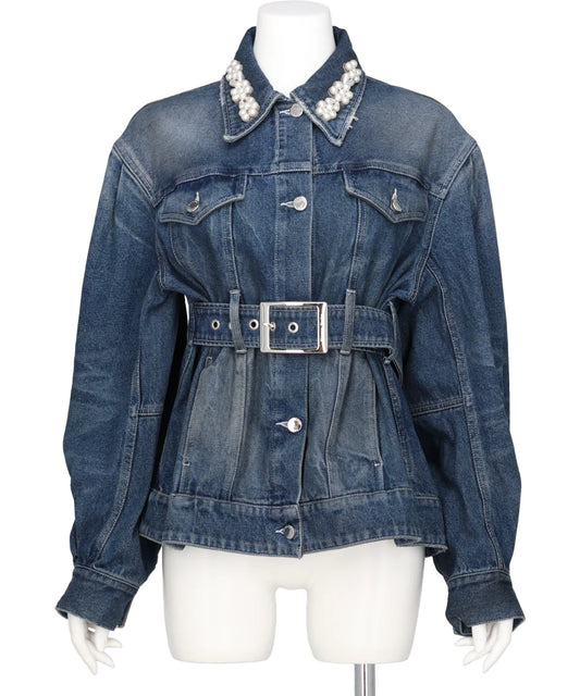 SCULPTED BELT DETAIL DENIM JACKET W/ EMB