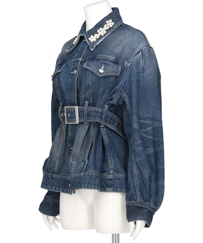 SCULPTED BELT DETAIL DENIM JACKET W/ EMB