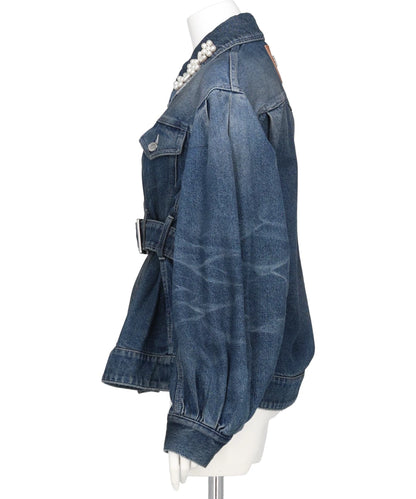 SCULPTED BELT DETAIL DENIM JACKET W/ EMB