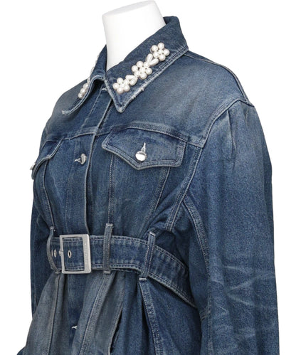 SCULPTED BELT DETAIL DENIM JACKET W/ EMB