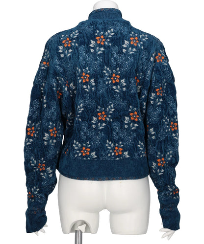FLORAL MOTIF CHENILLE KNITTED CARDIGAN