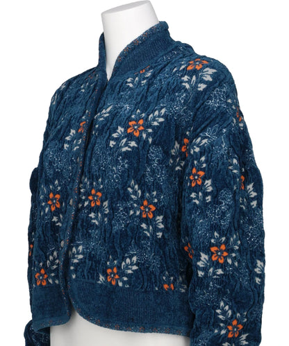 FLORAL MOTIF CHENILLE KNITTED CARDIGAN