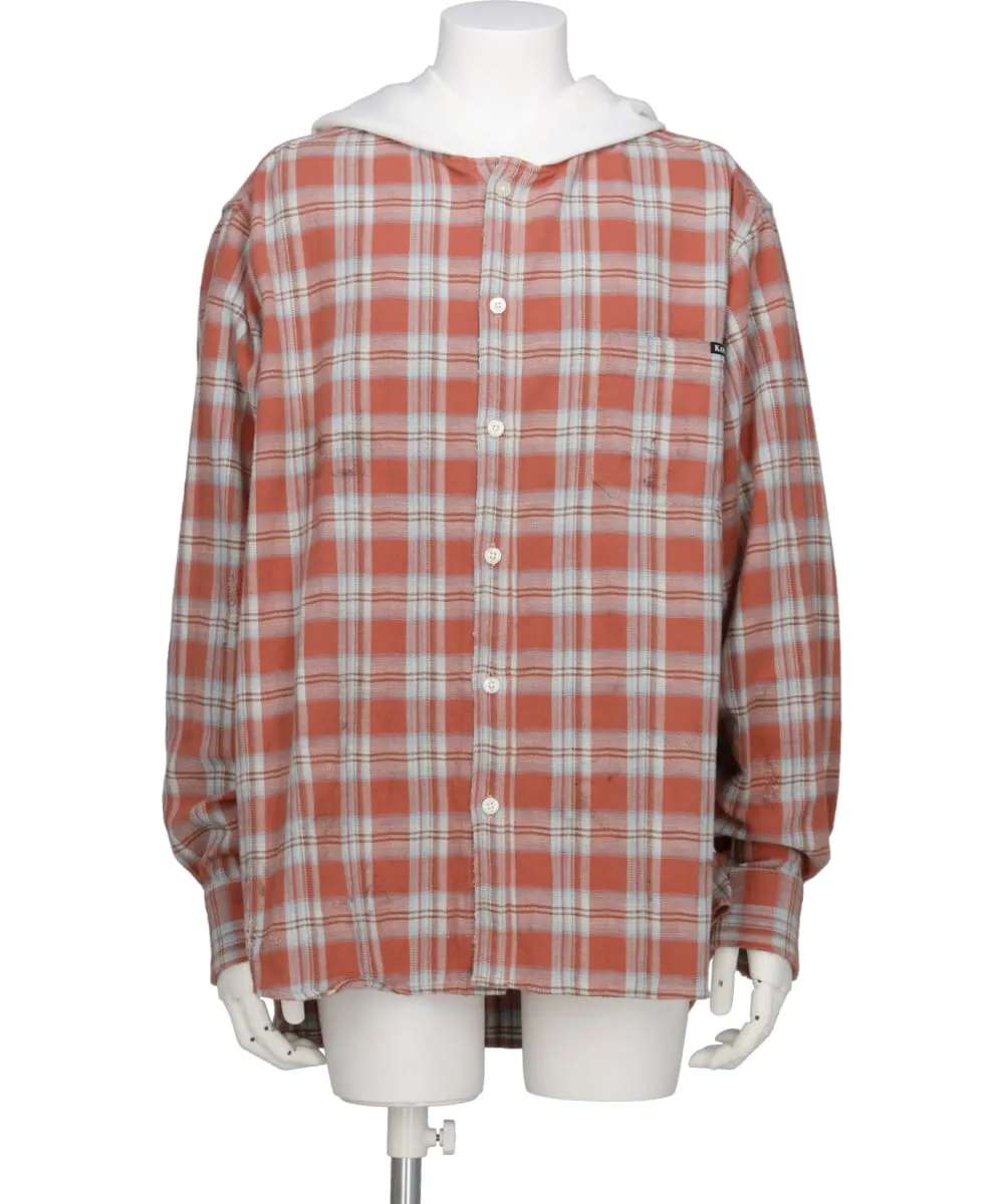 DISTRESSED CHECK SHIRT HOODIE
