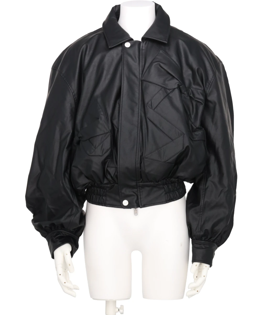 RIBBON DETAIL FAUX LEATHER BOMBER JACKET