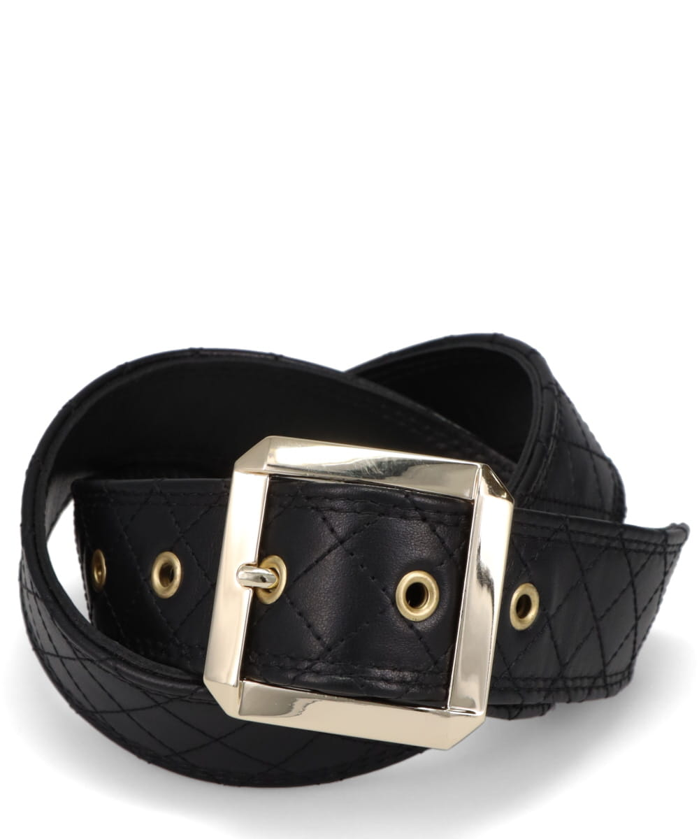 LARGE GOLD BUCKLE BELT BLACK QUILTED LEATHET