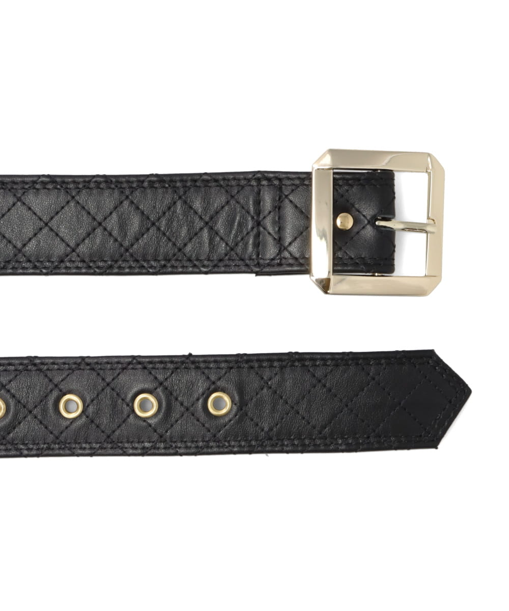 LARGE GOLD BUCKLE BELT BLACK QUILTED LEATHET