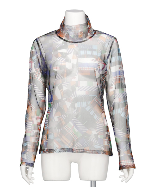 PATCHWORK PRINT TULLE MOCK NECK LONG T-SHIRTS